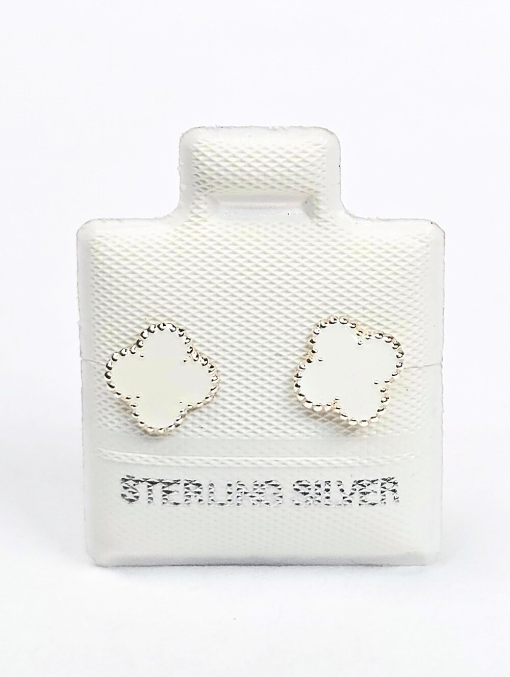 Stud Earrings Flower 4-Leaf Clover Enamel White Screw-Back Inspired Van 7.5mm